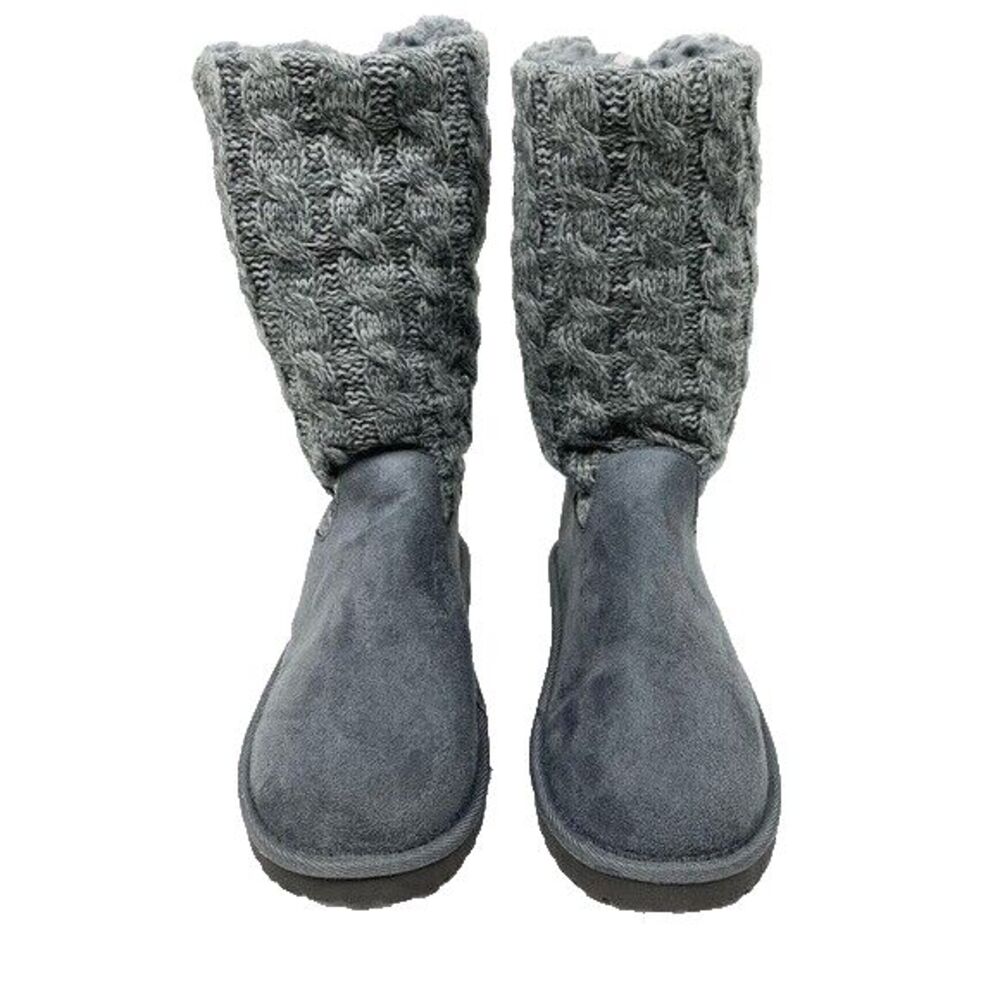 Muk Luks Cozy Grey Cable Knit & Faux Suede Sherpa Boots Size 10 GUC